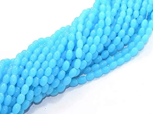 Aqua Blue Small Oval Glass Pearls (4 mm * 8 mm) (1 String) - for Beading & Jewellery Making (Earring Necklace Bracelet Anklet Making)