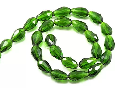 Dark Green Transparent Drop/Briolette Crystal Bead (6 mm * 8 mm) (1 String) for  Jewellery Making Beading Embroidery Art and Craft