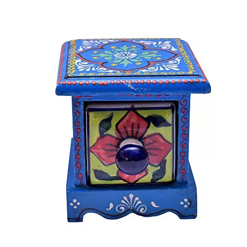 India Hand Decorated Embossed Painting Handmade Wooden and Ceramic 1 Drawers Small Chest Jewellery Organizer Desk Table (Multi Color) Red Blue GreenYellow Orange Random Color