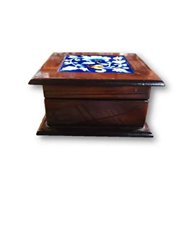 Wooden Handcrafted Fine Tile Inlaid Cover Utility Box | Jewel Organizer | Handmade Tile | Eye Catching Blue Pottery