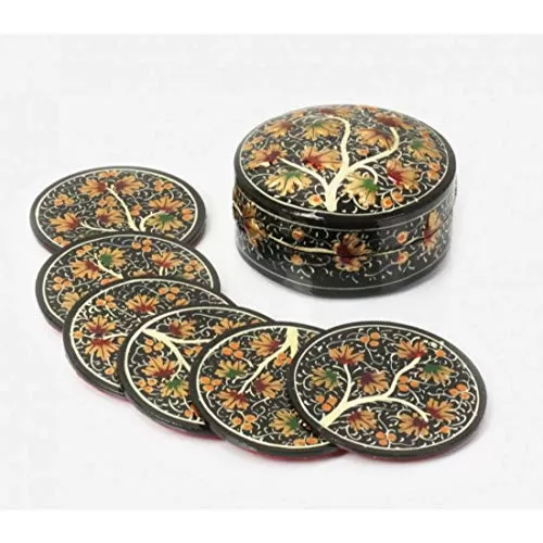 Kashmiri Handcrafted Set of 7 Round Coaster Set Showpiece for Home Decor and Diwali Gift Purpose (Black)
