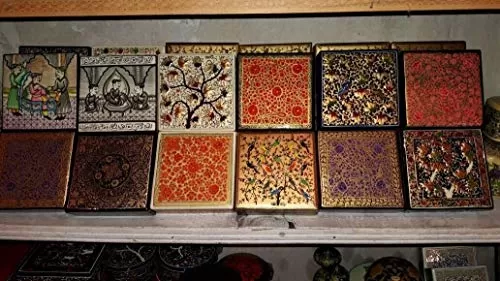 Cherry & Black Kashmiri Coasters (Set of 5 with Box)
