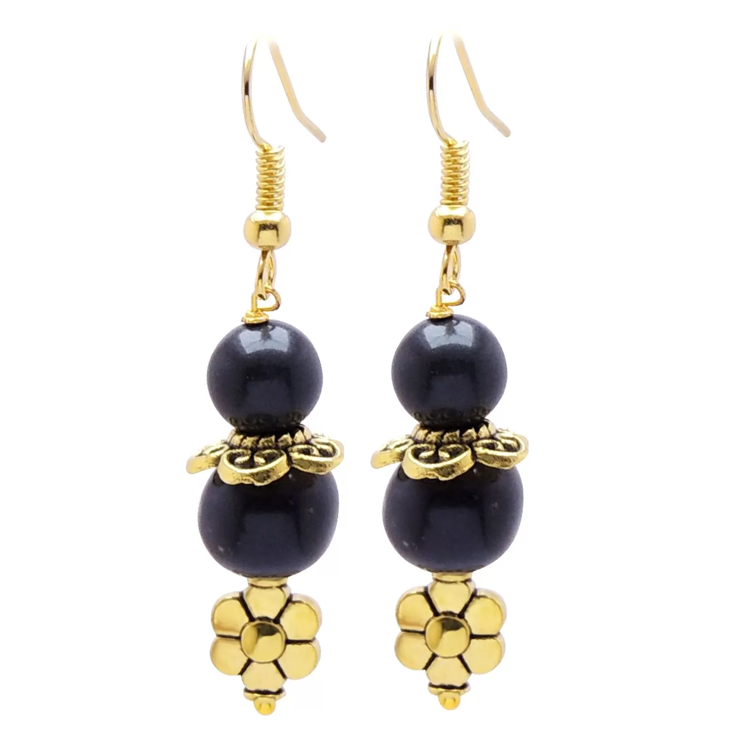 Stone Black Agate Bead Flower earring, Color- Golden, For Men & Women (Pack of 1 Pc.)