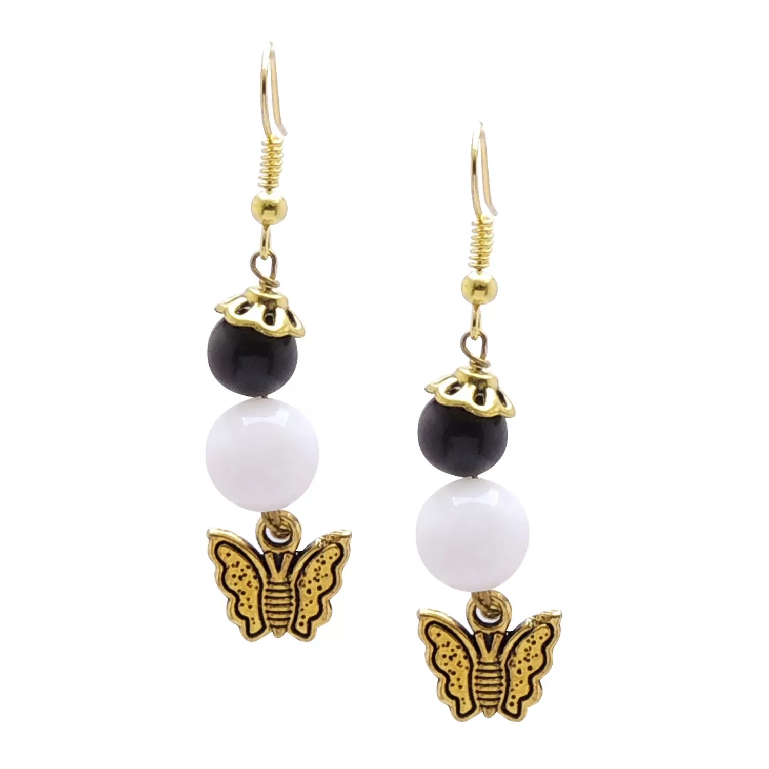 Stone Black Agate Bead Butterfly earring, Color- Golden/White, For Men & Women (Pack of 1 Pc.)