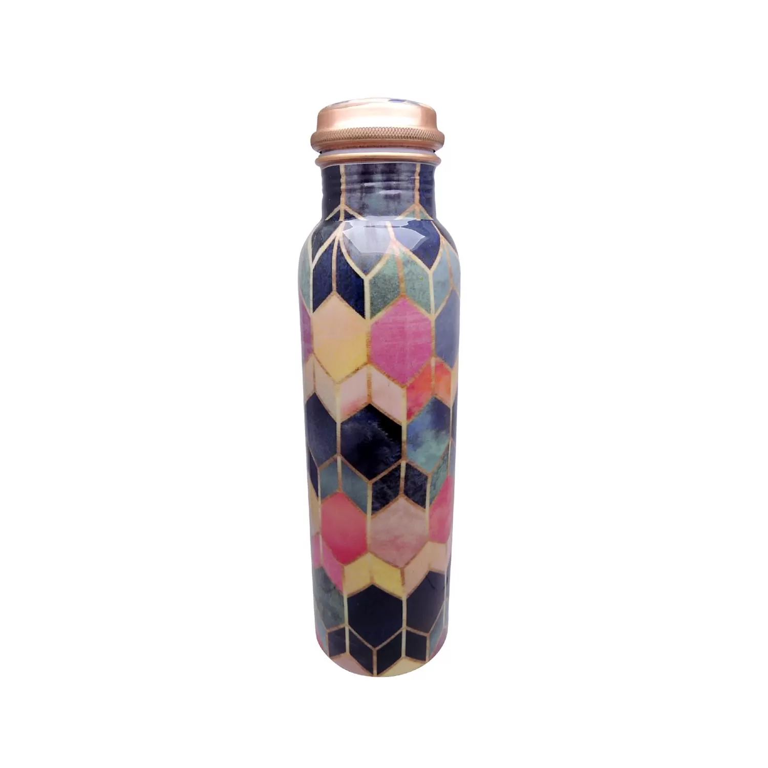 Leak Proof Pure Copper Colourful Hexagon Sticker Bottles for Water 1 Litre for Travelling