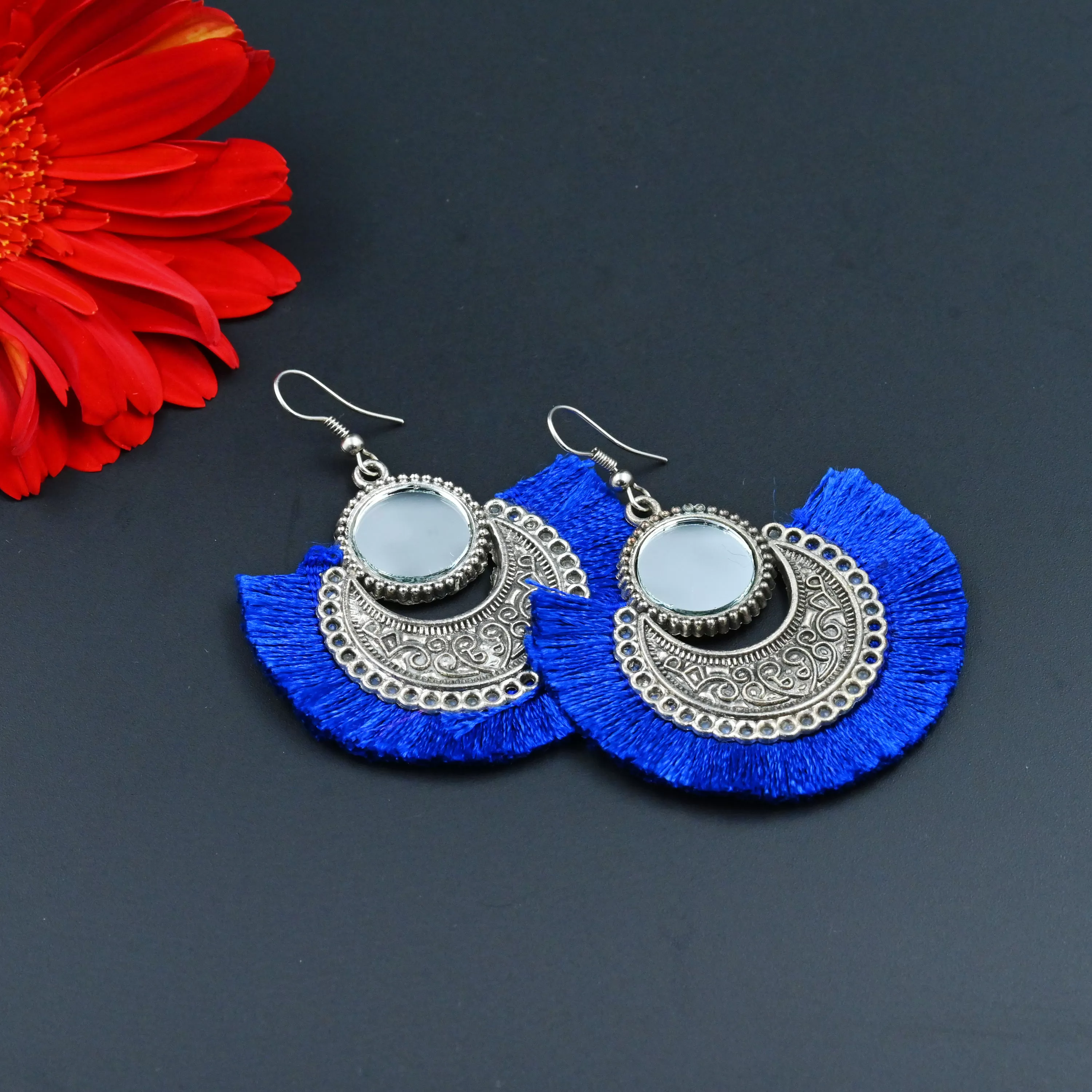 Women's Oxidized Earring with Mirror & Blue Thread Party Wear., 2 image