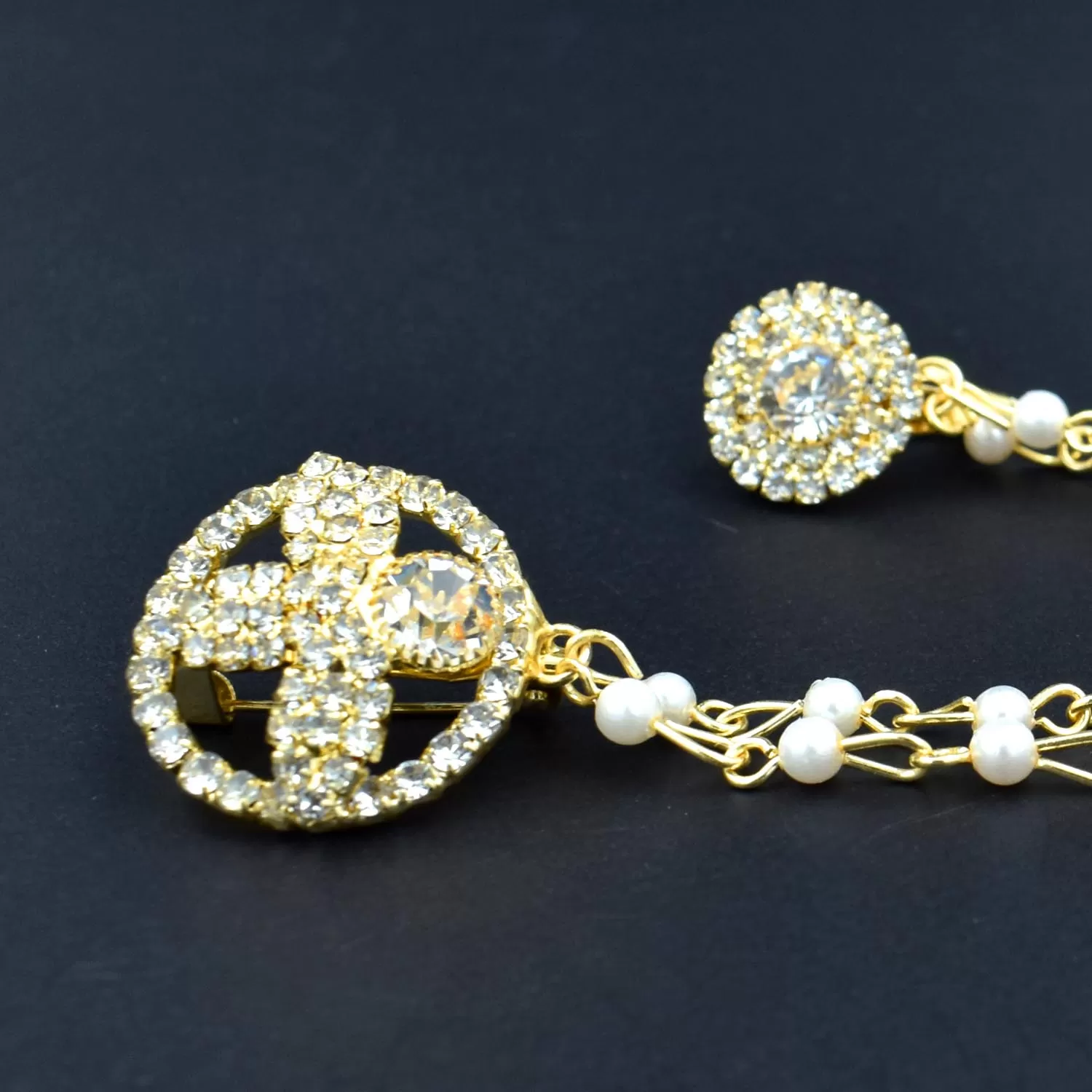 Pearl Flower Golden Metal Chain with Semi-Precious Cubic Zirconia Brooch, 2 image