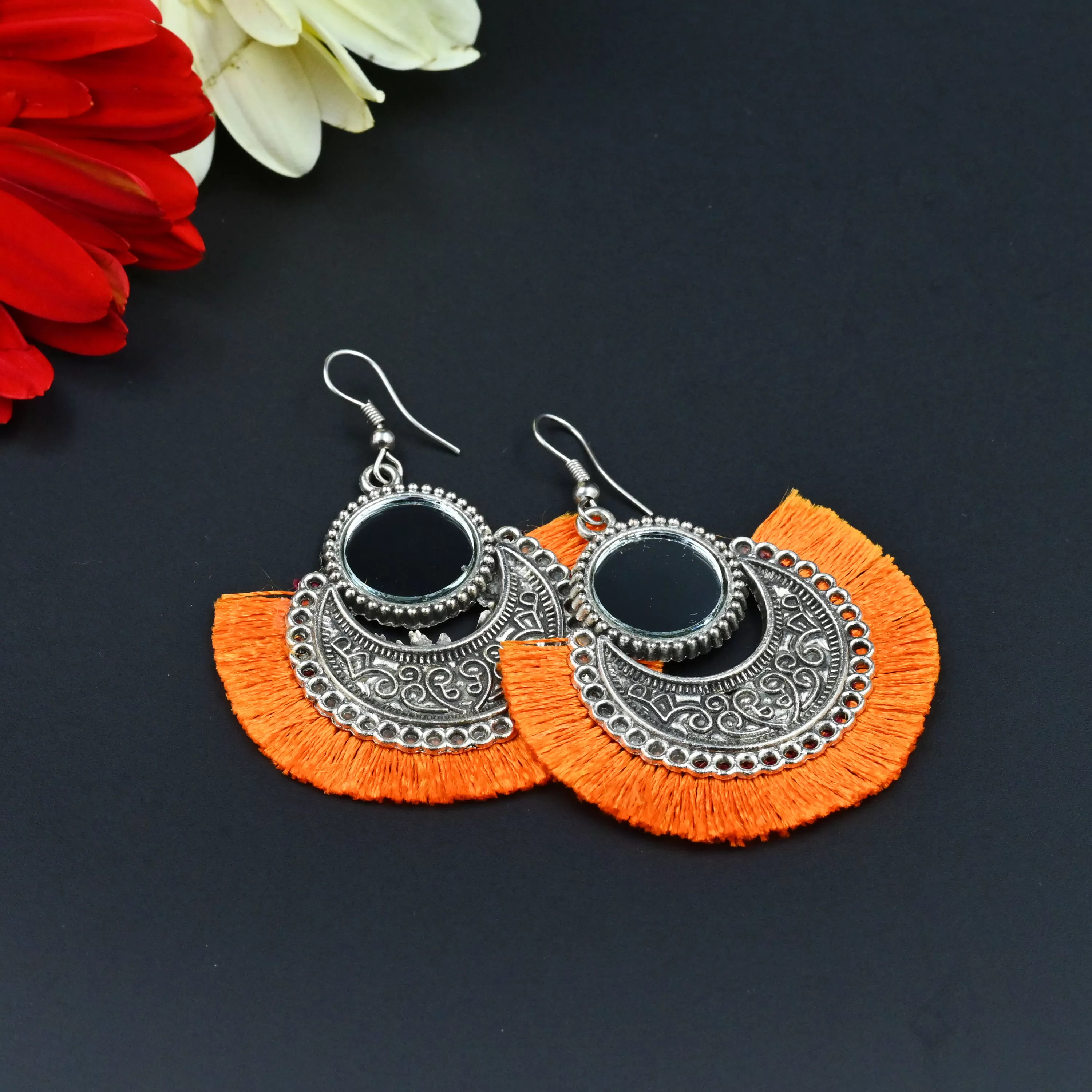 Women's Oxidized Earring with Mirror & Orange Thread Party Wear., 2 image