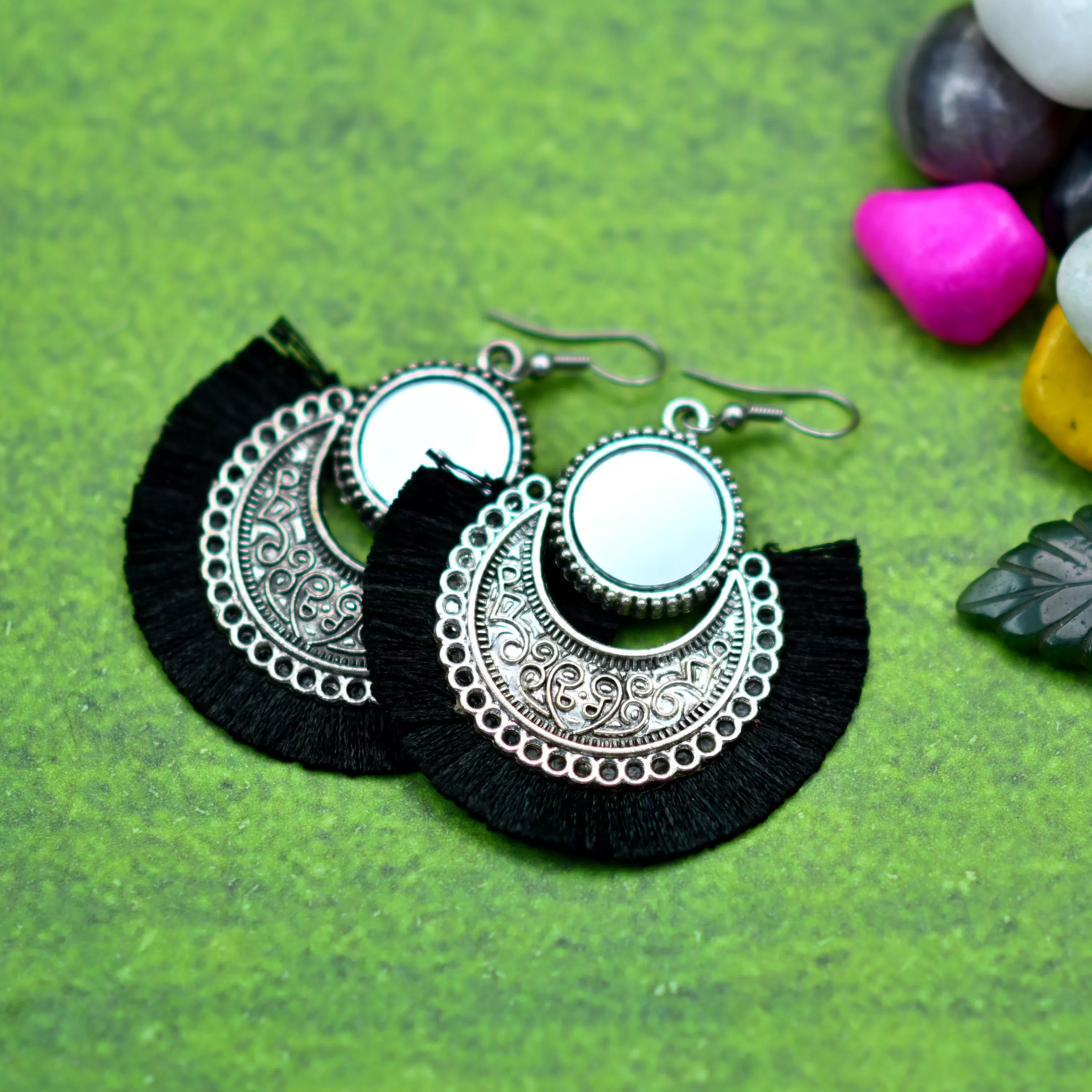 Women's Oxidized Earring with Mirror & Black Thread Party Wear., 3 image
