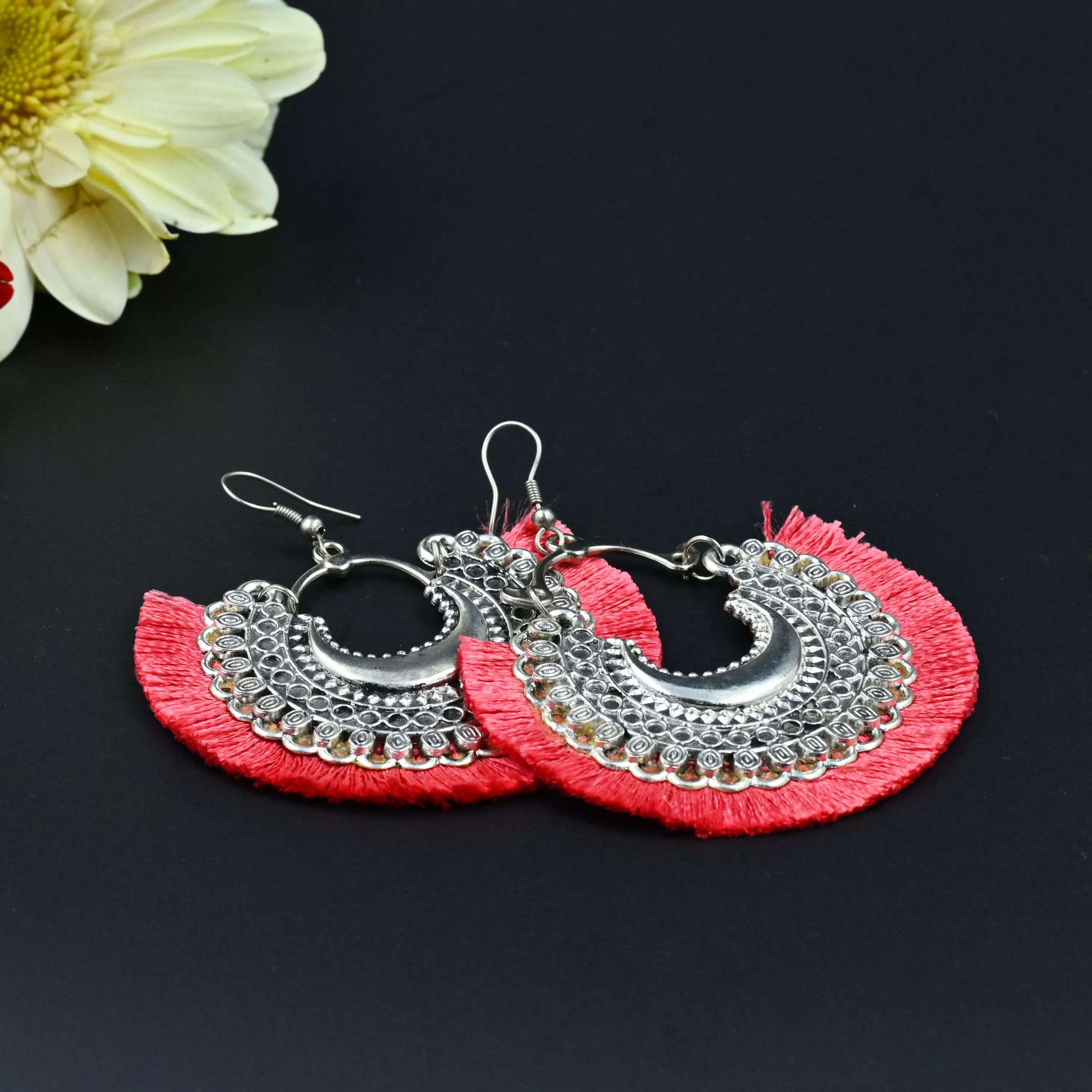 Women's Oxidized Crescent Moon Earring with Rouge Thread Party Wear., 3 image