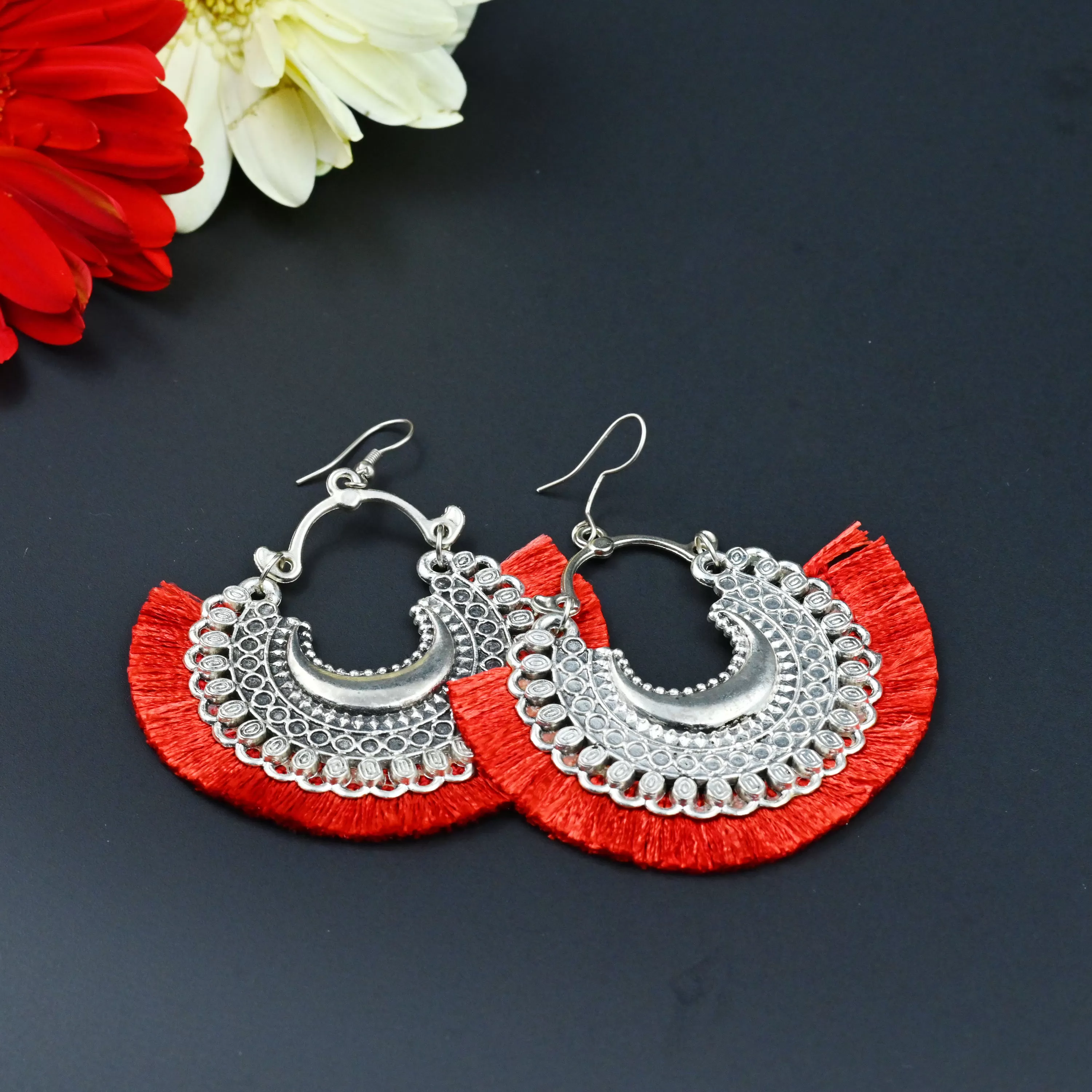 Women's Oxidized Crescent Moon Earring with Red Thread Party Wear., 3 image