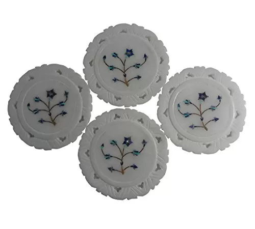 White Stone Coasters (Set of 4) Blue Stone Inlaid (10cm x10cm x0.6cm)