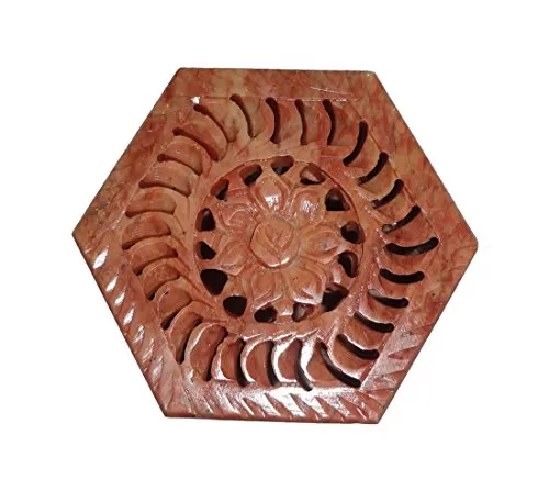 Soap Stone Carved Hexagonal Jewellery Box (8.5cm x7.5cm x3.8cm)