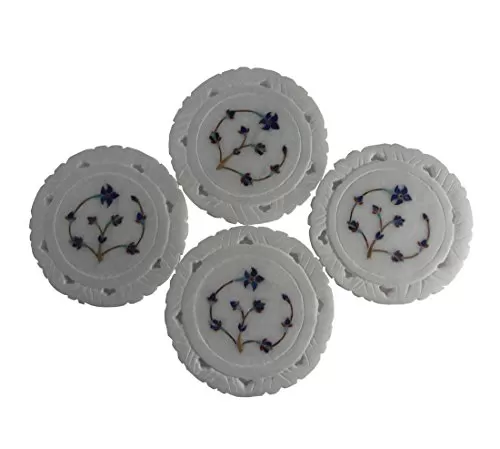 White Stone Coasters (Set of 4) Blue Stone Inlaid (10cm x10cm x0.6cm)