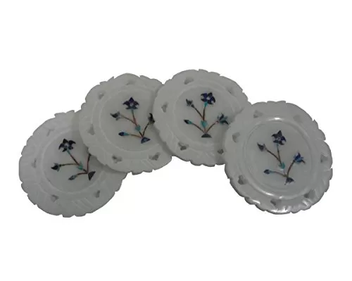 White Stone Coasters (Set of 4) Blue Stone Inlaid (7.5cm x7.5cm x0.6cm)