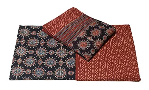 Women's AJRAKH Hand Block Print Cotton Full Natural Dye DRESS MATERIAL- SIZE : 250 cms Top x 250 cms Bottom x 235 cms Dupatta (Fabric - 92 x 88 Threads/Sq in 90 gm/sq mt)
