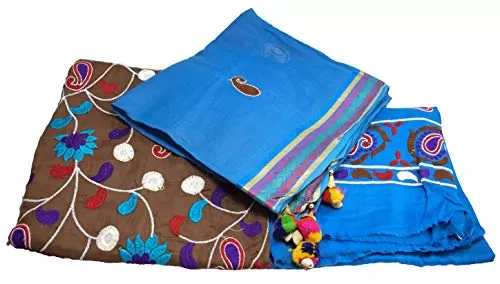 Women's Cotton Silk Kutchhi Embroidery Traditional Handicrafts 3 Piece Salwar Suit Dress Material (Blue Free Size)