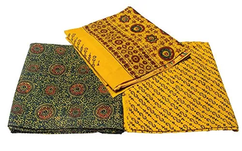 Women's Ajrakh Full Natural Dye Block Print 60x60 Cotton DRESS MATERIAL SIZE 250 cm Top x 250 cm Bottom x 250 cm Dupatta (92 x 88 Threads/Sq Inch60x60 Thread SIZE)