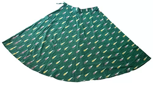 Ikkat Print Cotton Skirt - 4MTR of Circumference Material (Green-Yellow)