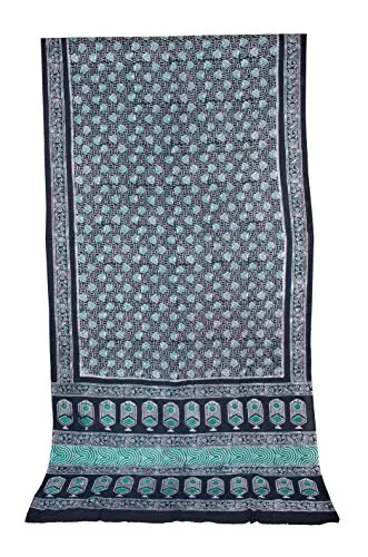 Women's Wax Batik Hand Block Print Natural Dye Mul Cotton Kutchhi Premium Traditional Handicraft Saree (EK-SAR-0001-MCBT) - Blue - Green)