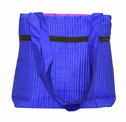 Raw Silk Big Flapper Bag with Kutchhi Patch work front face TOTE BAG EK-TOT-0004 (Purple), 3 image