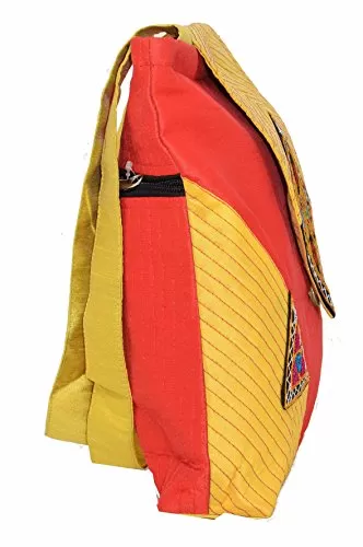 Raw Silk Big Flapper Bag with Kutchhi Patch work front face TOTE BAG EK-TOT-0004 Yellow-Red, 6 image