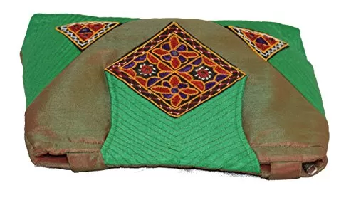 Raw Silk Big Flapper Bag with Kutchhi Patch work front face TOTE BAG EK-TOT-0004 Green - Brown, 5 image