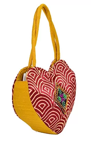HEART Handle Purse - Mushru Silk Block Print Hand Embroidery Fusion Handicraft (Maroon), 2 image