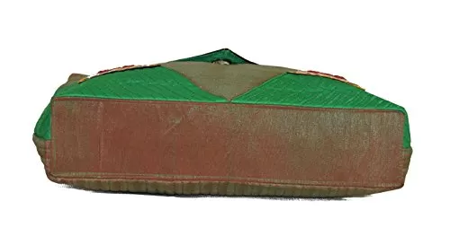 Raw Silk Big Flapper Bag with Kutchhi Patch work front face TOTE BAG EK-TOT-0004 Green - Brown, 6 image