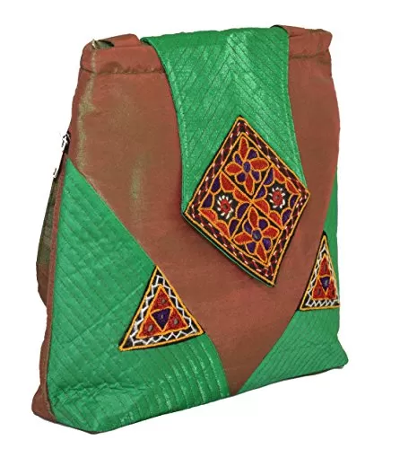 Raw Silk Big Flapper Bag with Kutchhi Patch work front face TOTE BAG EK-TOT-0004 Green - Brown, 4 image