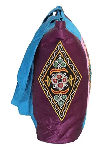 Raw Silk Tri Patch Bag - Aahir Work Embroidery Work TOTE BAG EK-TOT-0002 Purple - Blue, 2 image