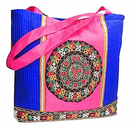 Raw Silk Shopping Bag with Kutchi Patchwork and Border TOTE BAG EK-TOT-0001 Magenta - Pink, 2 image