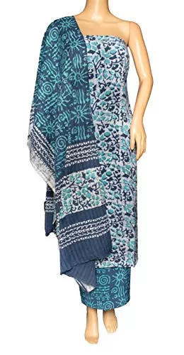 Cotton Wax Batik Hand Printed- DRESS MATERIAL - 250 cms Top x 200 cms Bottom x 235 cms Dupatta - 2.5 Mtrs Top - For Women, 2 image