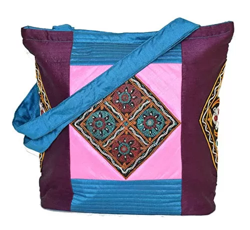 Raw Silk Tri Patch Bag - Aahir Work Embroidery Work TOTE BAG EK-TOT-0002 Purple - Blue, 3 image