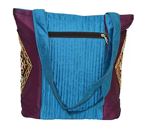 Raw Silk Tri Patch Bag - Aahir Work Embroidery Work TOTE BAG EK-TOT-0002 Purple - Blue, 4 image