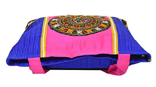 Raw Silk Shopping Bag with Kutchi Patchwork and Border TOTE BAG EK-TOT-0001 Magenta - Pink, 5 image