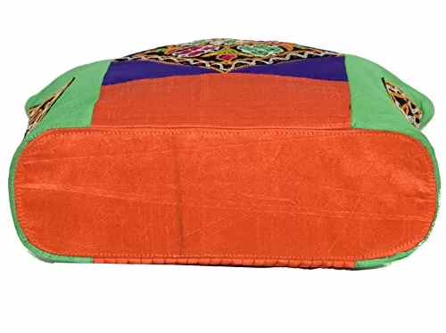 Raw Silk Tri Patch Bag - Aahir Work Embroidery Work TOTE BAG EK-TOT-0002 Green - Red, 6 image
