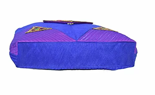 Raw Silk Big Flapper Bag with Kutchhi Patch work front face TOTE BAG EK-TOT-0004 (Purple), 6 image