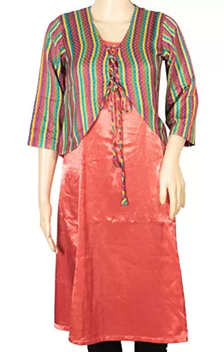 Women's Mashru Silk Peach Plain Mashru Top with Koti KURTI EK-KRT-0003 Multi Colour (L), 2 image