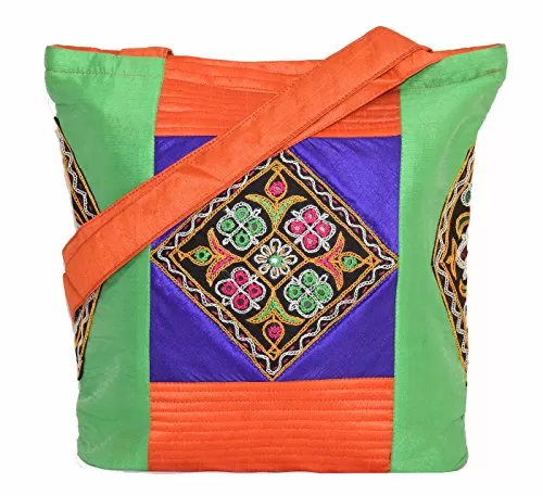 Raw Silk Tri Patch Bag - Aahir Work Embroidery Work TOTE BAG EK-TOT-0002 Green - Red, 2 image