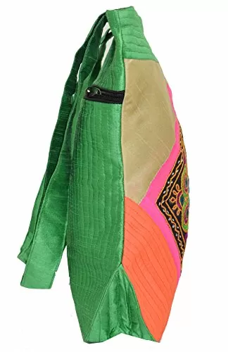 Raw Silk Rangoli - Mirror Work Embroidery Large Patch TOTE BAG EK-TOT-0006 (Orange), 6 image