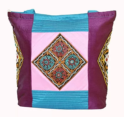Raw Silk Tri Patch Bag - Aahir Work Embroidery Work TOTE BAG EK-TOT-0002 Purple - Blue, 5 image