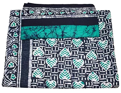Women's Wax Batik Hand Block Print Natural Dye Mul Cotton Kutchhi Premium Traditional Handicraft Saree (EK-SAR-0001-MCBT) - Blue - Green), 4 image