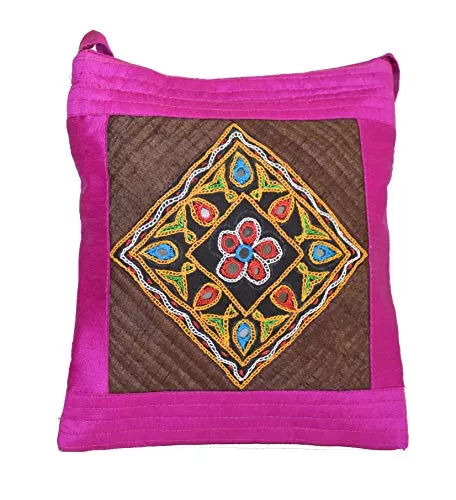 Women's Aahir Hand Embroidery Sling Purse - Traditional Kutch Handicrafts (Magenta - Brown), 2 image