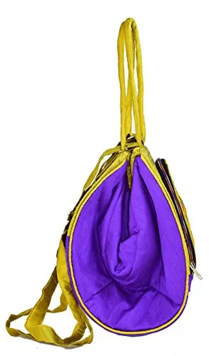 Raw Silk Aahir Work Raw Silk Multi Purpose Adjustable Belt Shoulder Bag HOBO BAG EK-HOB-0004 Violet - Yellow, 3 image