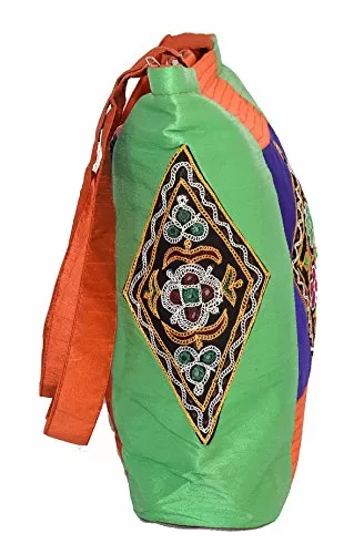 Raw Silk Tri Patch Bag - Aahir Work Embroidery Work TOTE BAG EK-TOT-0002 Green - Red, 4 image