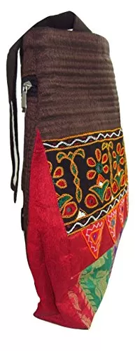 Raw Silk Fort Bag - Mirorwork Embroidery Panel TOTE BAG EK-TOT-0005 (Brown), 3 image