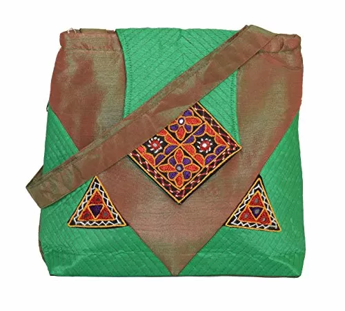 Raw Silk Big Flapper Bag with Kutchhi Patch work front face TOTE BAG EK-TOT-0004 Green - Brown, 2 image