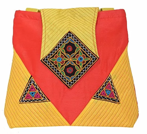 Raw Silk Big Flapper Bag with Kutchhi Patch work front face TOTE BAG EK-TOT-0004 Yellow-Red, 2 image