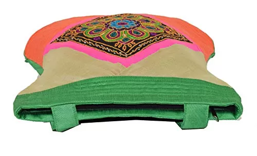Raw Silk Rangoli - Mirror Work Embroidery Large Patch TOTE BAG EK-TOT-0006 (Orange), 5 image